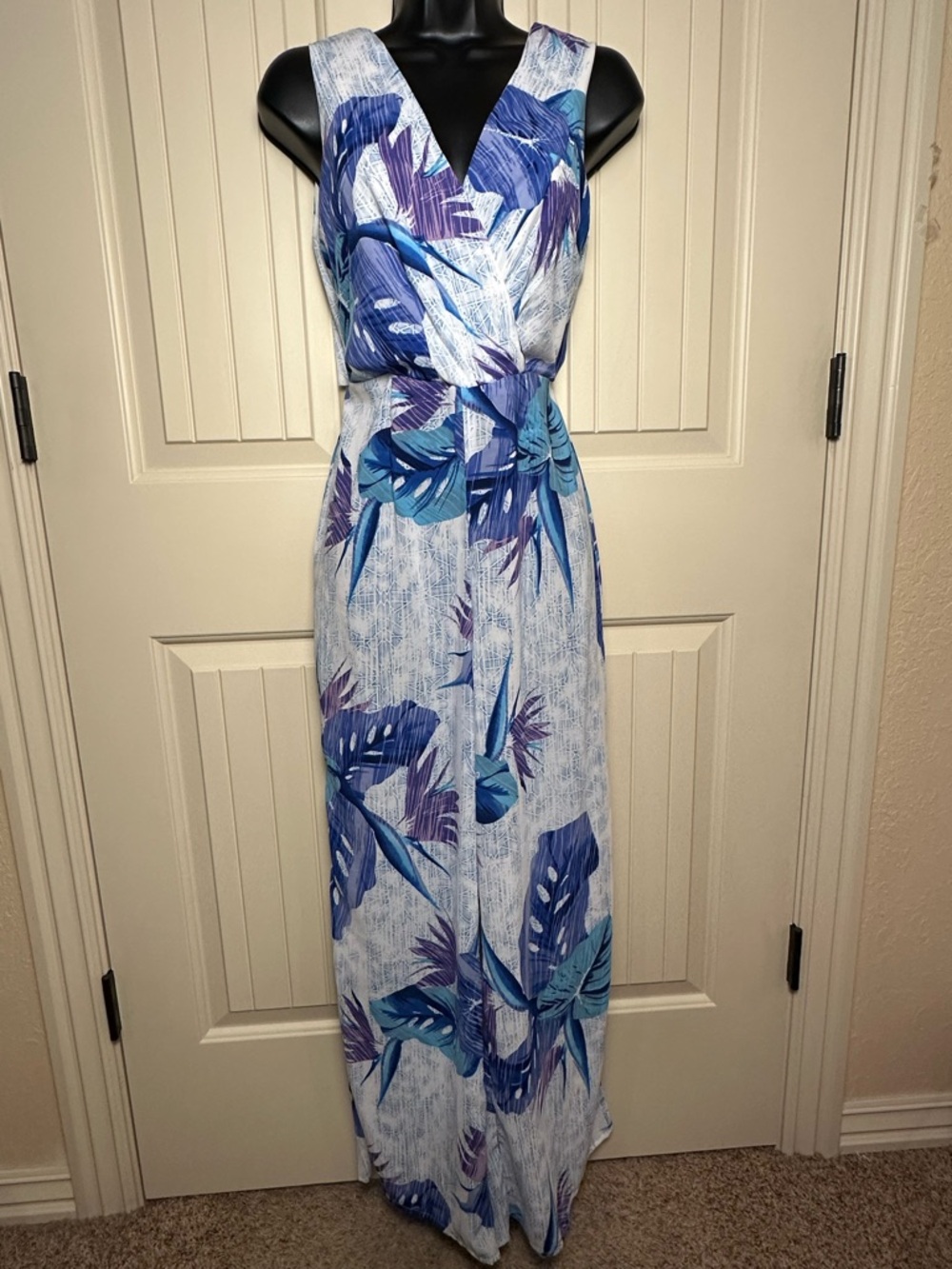 Japna Palm Floral Wide Leg Jumpsuit Vacation White Purple Blue Tie Back Small